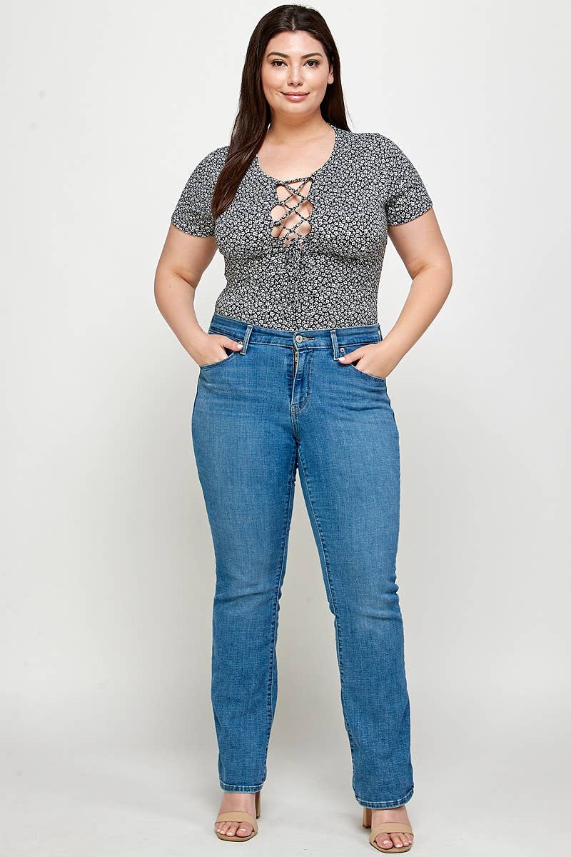 Ditsy Floral Print Lace-Up Bodysuit