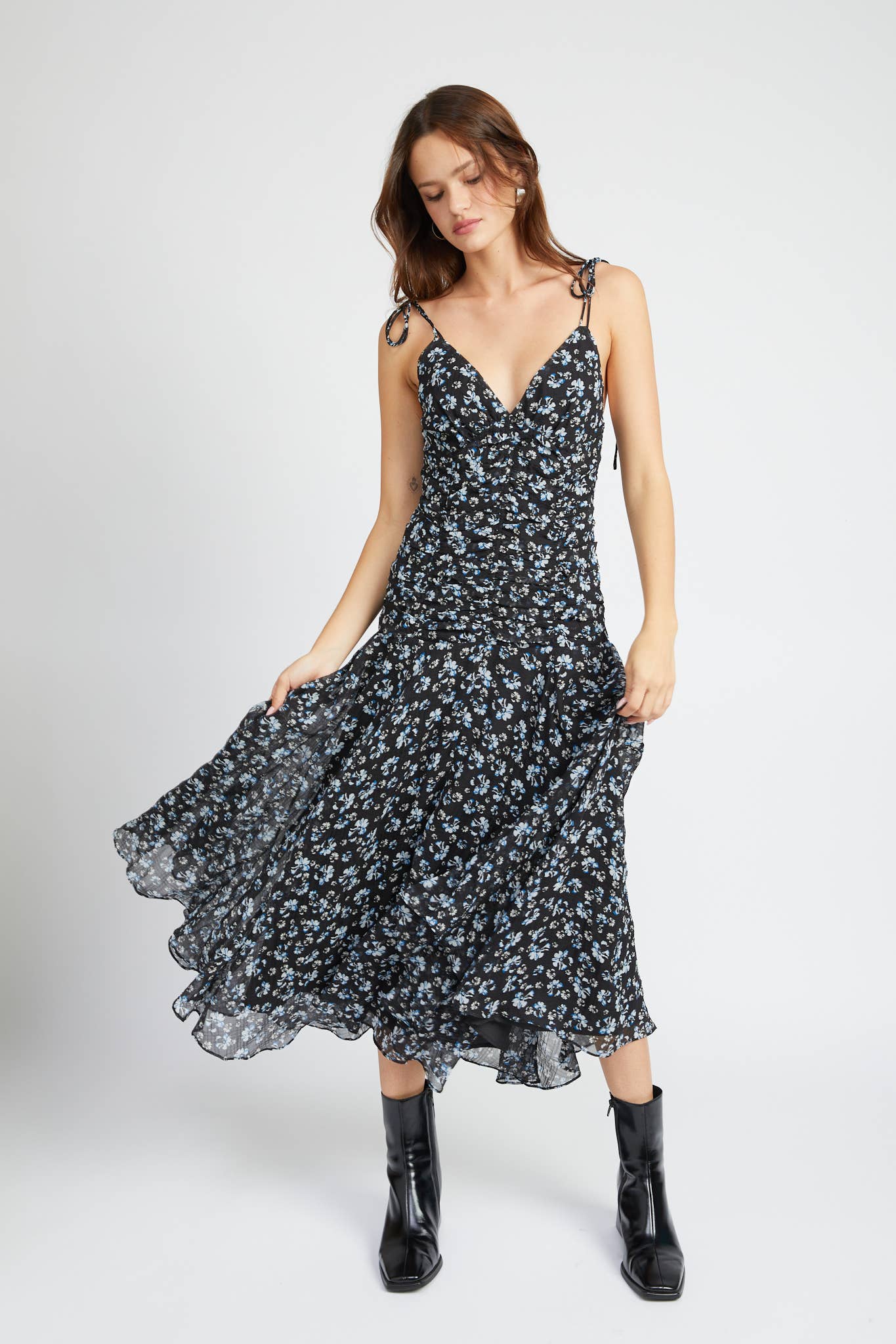 Ruched Black Floral Dress