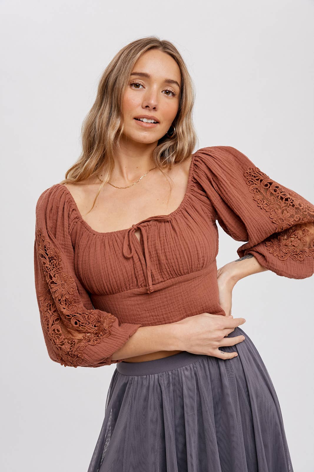 Square Neck Bubble Sleeve Top