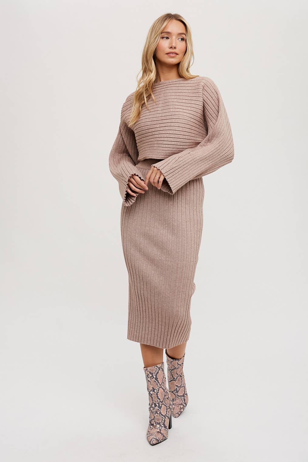 Ribbed Knit Crop Top & Midi Pencil Skirt Set