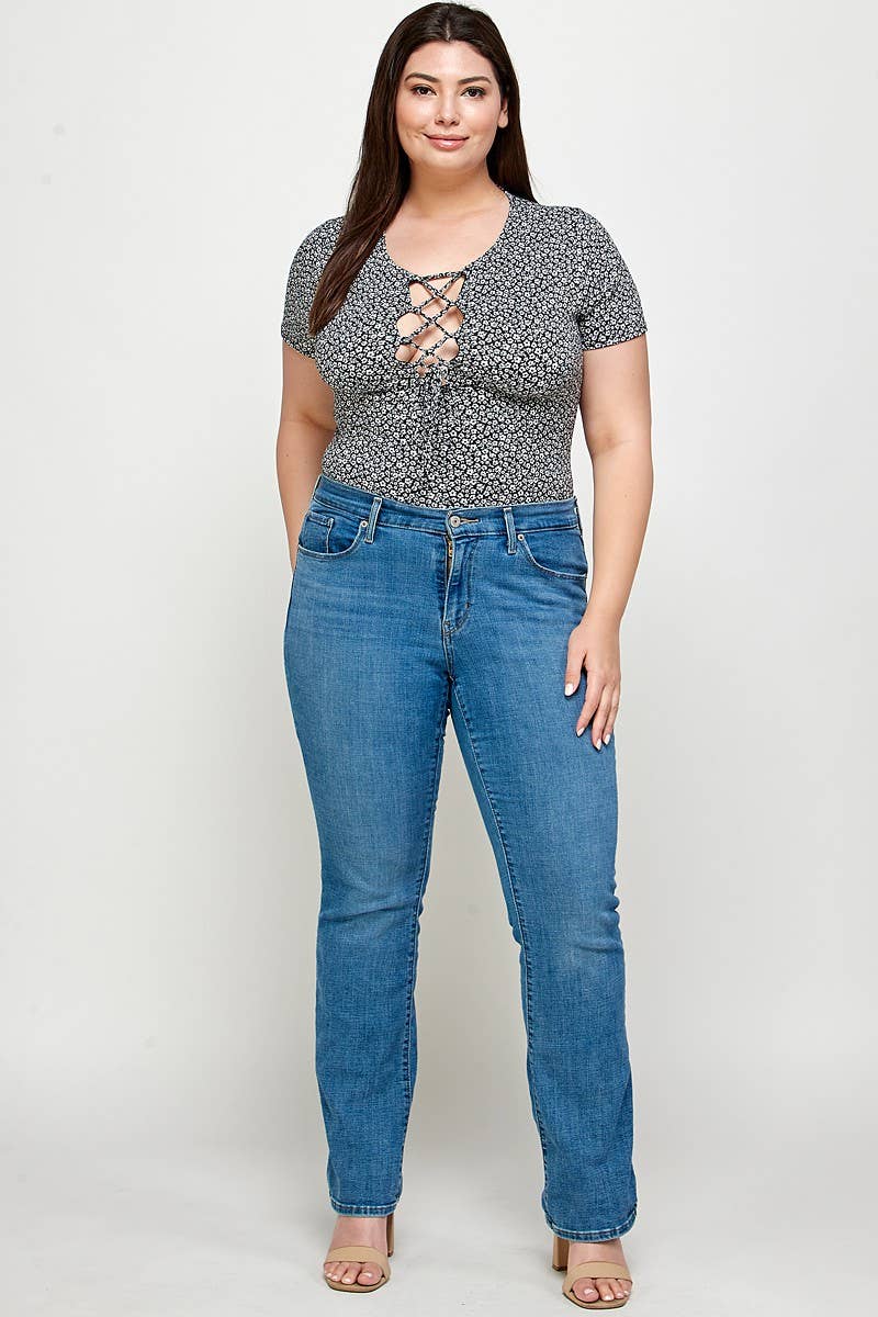 Ditsy Floral Print Lace-Up Bodysuit