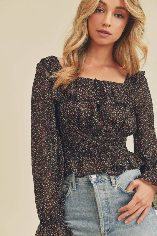 Starry Night Square-Neck Ruffled Blouse