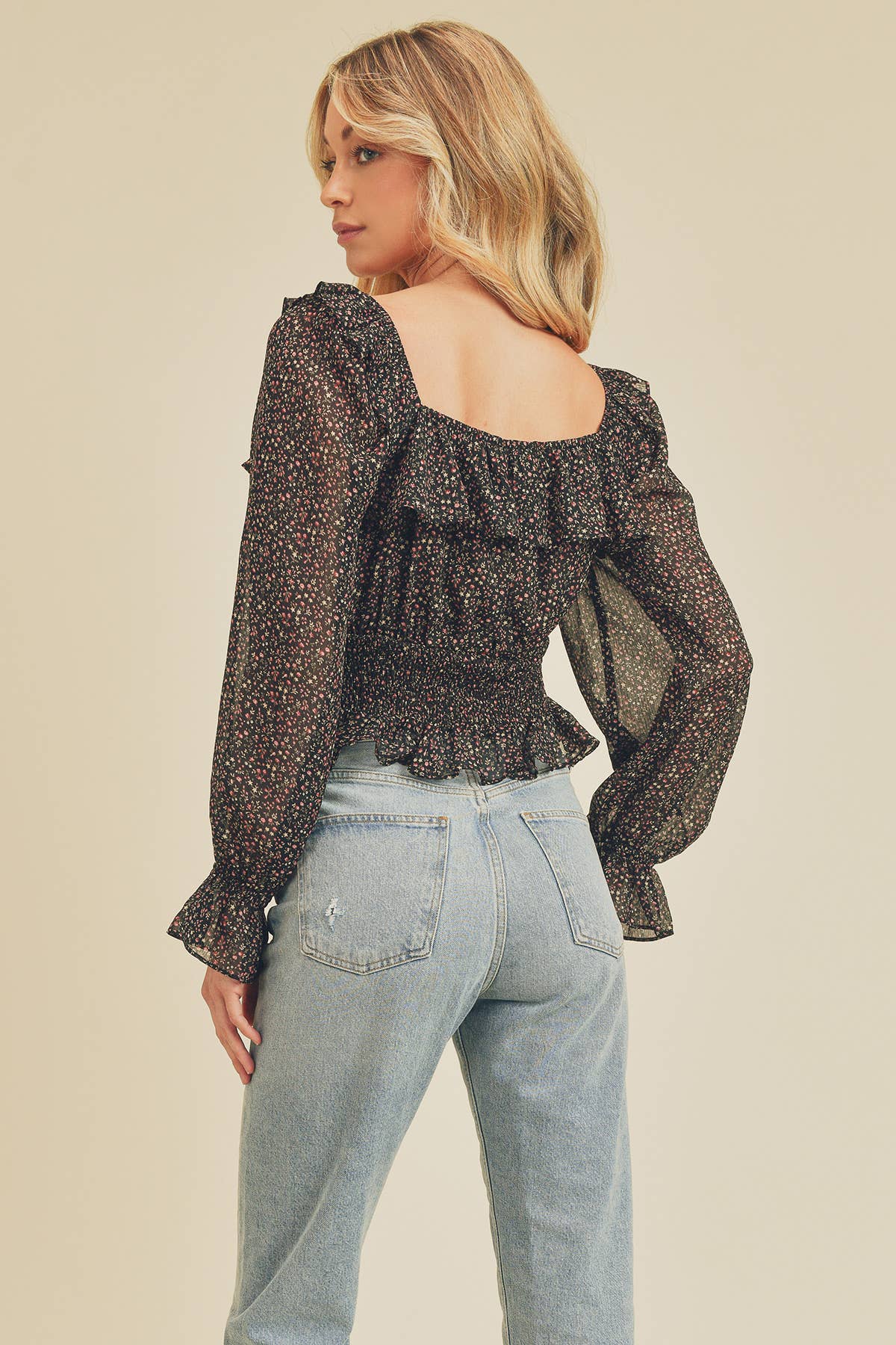 Starry Night Square-Neck Ruffled Blouse