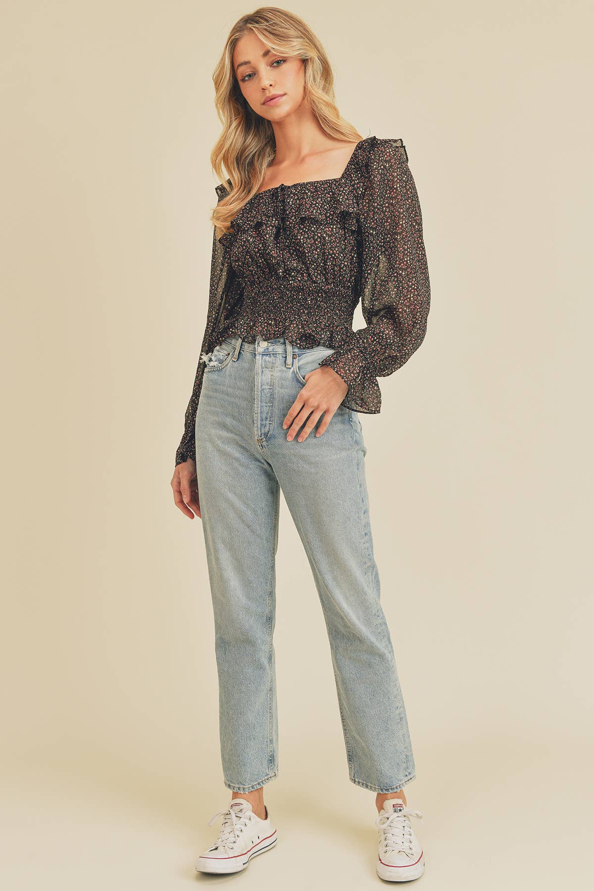 Starry Night Square-Neck Ruffled Blouse